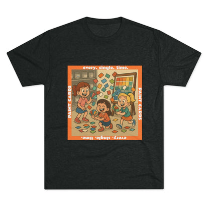 Paint Cards Every Single Time 66% Tri-Blend Tee — graphic t-shirt, flat-lay with cartoon kids and paint swatches, orange bordered square design, casual unisex style