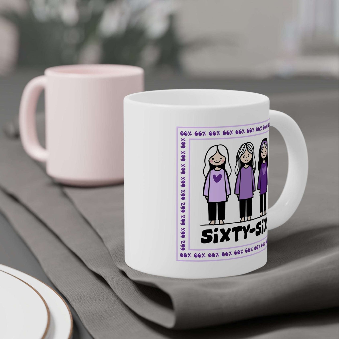 Coffee mug printed with a purple-bordered illustration: three girls in matching purple tops (one looking unhappy), encircled by ‘66%’ text, and the caption ‘SIXTY-SIX’ underneath.
