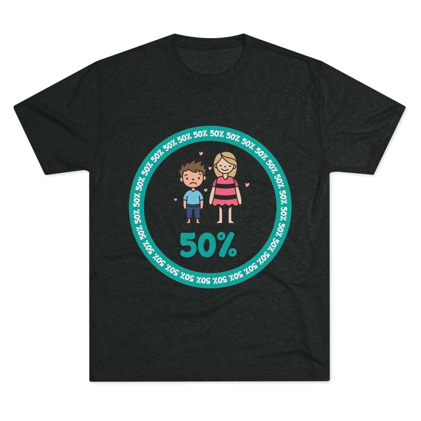 Original Boy Girl 50% Tri-Blend Tee — graphic t-shirt flat-lay, cartoon siblings inside teal 50% circle, repeating 50% pattern, bold 50% text, casual unisex style.