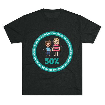 Original Boy Girl 50% Tri-Blend Tee — graphic t-shirt flat-lay, cartoon siblings inside teal 50% circle, repeating 50% pattern, bold 50% text, casual unisex style.
