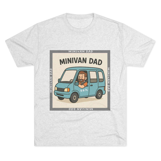 Minivan Dad 66% Tri-Blend Tee — graphic tee flat-lay, cartoon dad driving blue minivan, ‘66%’ decal, gray ‘MINIVAN DAD’ square border, casual unisex style.