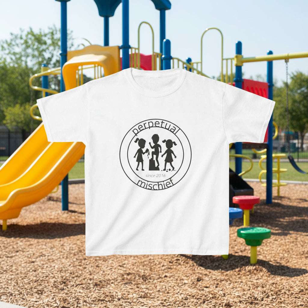 White t-shirt with a black logo and text on a white background