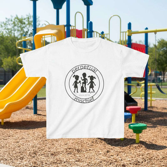 White t-shirt with a black logo and text on a white background