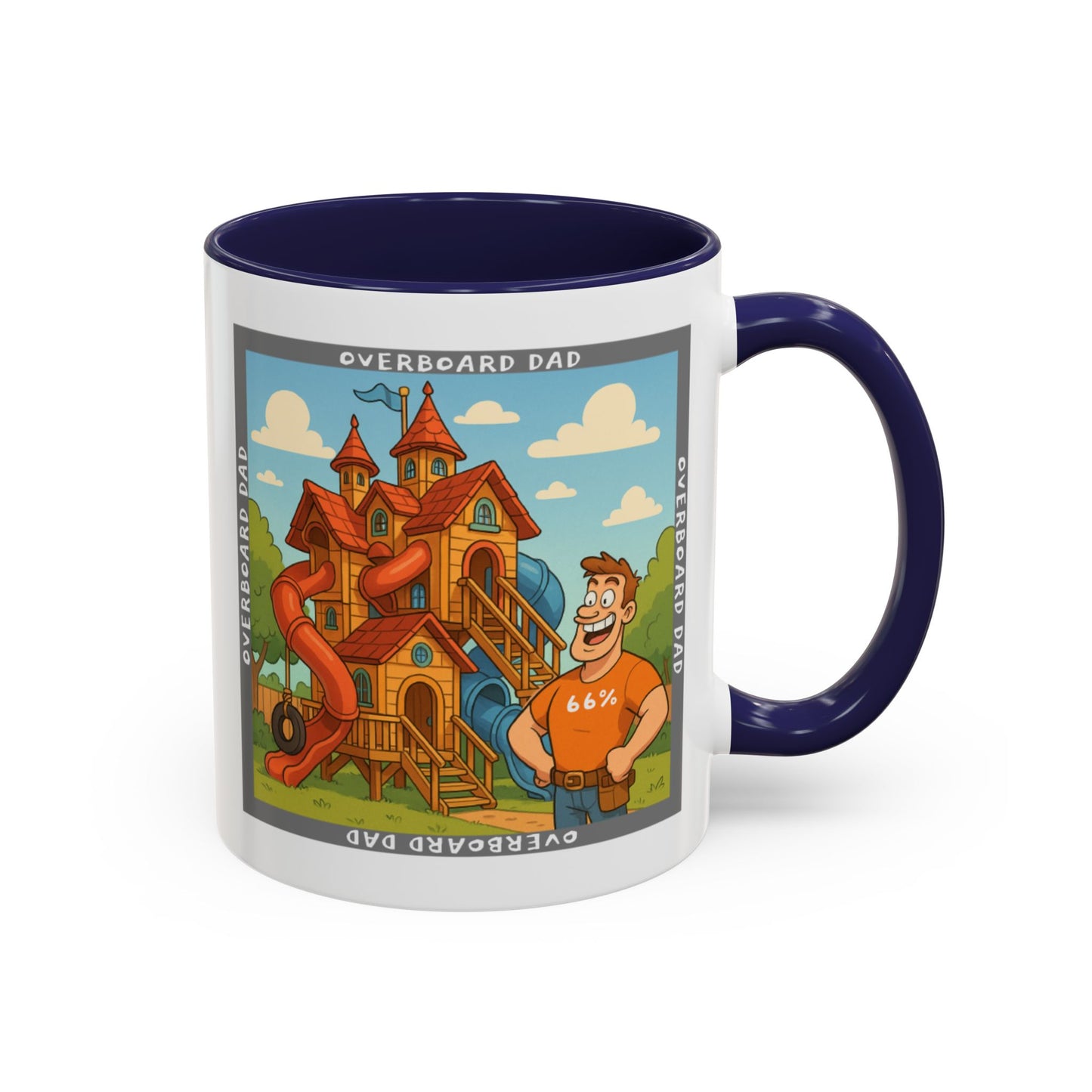 White ceramic mug printed with a cartoon dad wearing a ‘66%’ shirt standing beside a multi-level wooden playhouse with twisting slides, framed by the text ‘OVERBOARD DAD’.