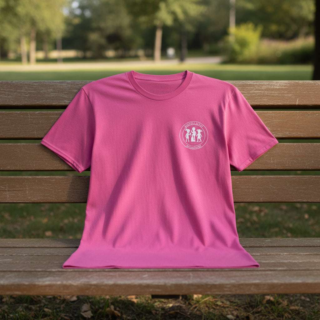 Pink t-shirt with a white logo on a white background