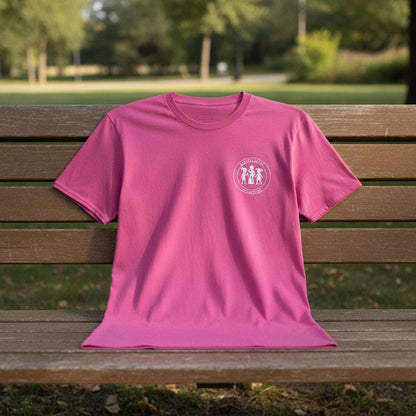 Pink t-shirt with a white logo on a white background