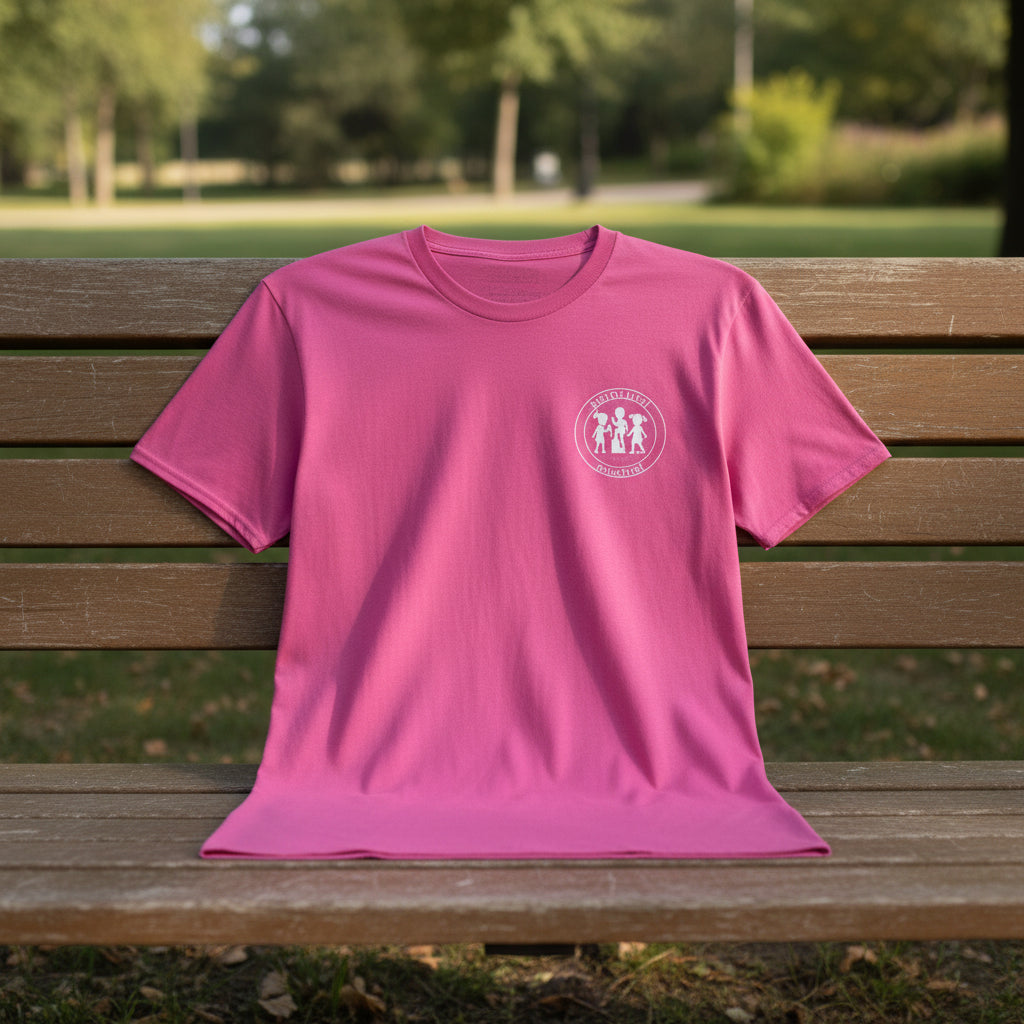 Pink t-shirt with a white logo on a white background