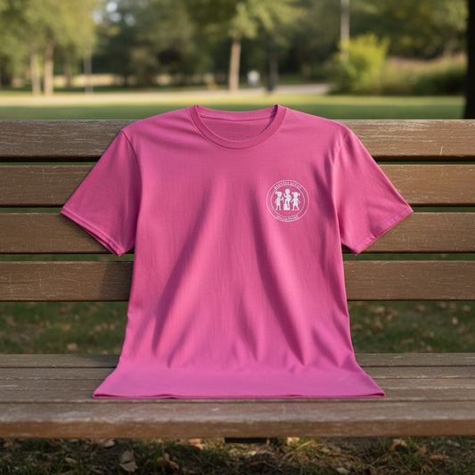 Pink t-shirt with a white logo on a white background