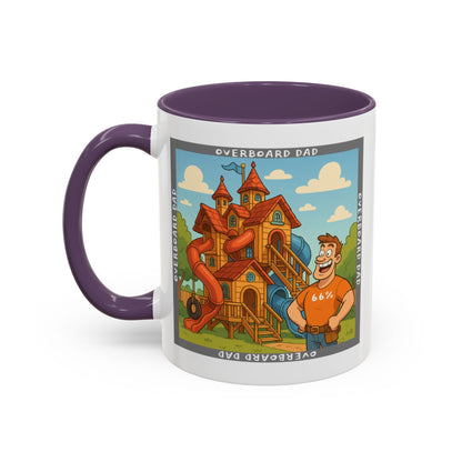 White ceramic mug printed with a cartoon dad wearing a ‘66%’ shirt standing beside a multi-level wooden playhouse with twisting slides, framed by the text ‘OVERBOARD DAD’.
