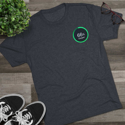 Retro 66% Charged Tri-Blend Tee, showing a vibrant green circular battery gauge reading “66% Charged”
