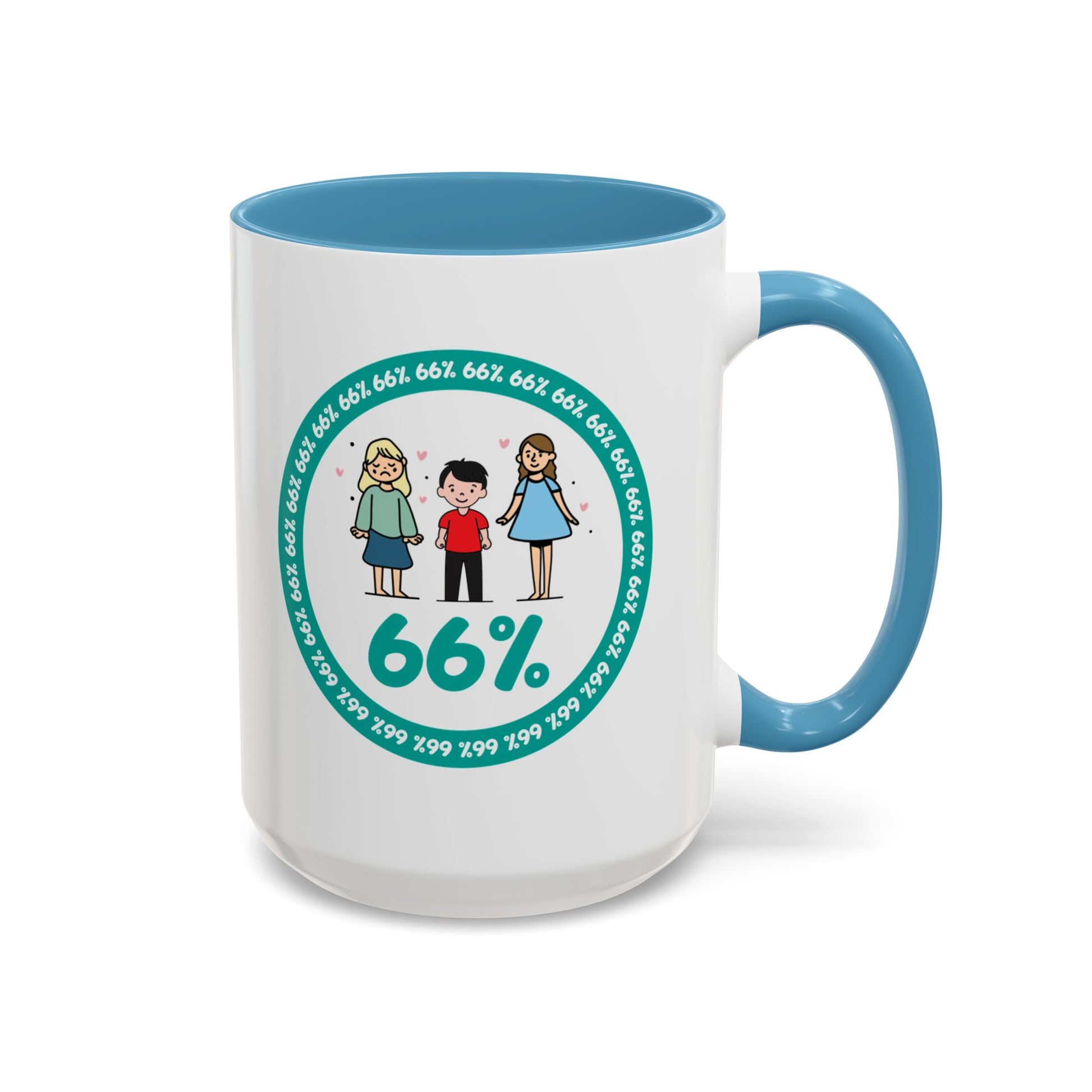 White mug with light blue handle showing a graphic: a teal circle of repeating ‘66%’ text, three cartoon kids inside the circle, and a prominent ‘66%’ at the bottom.
