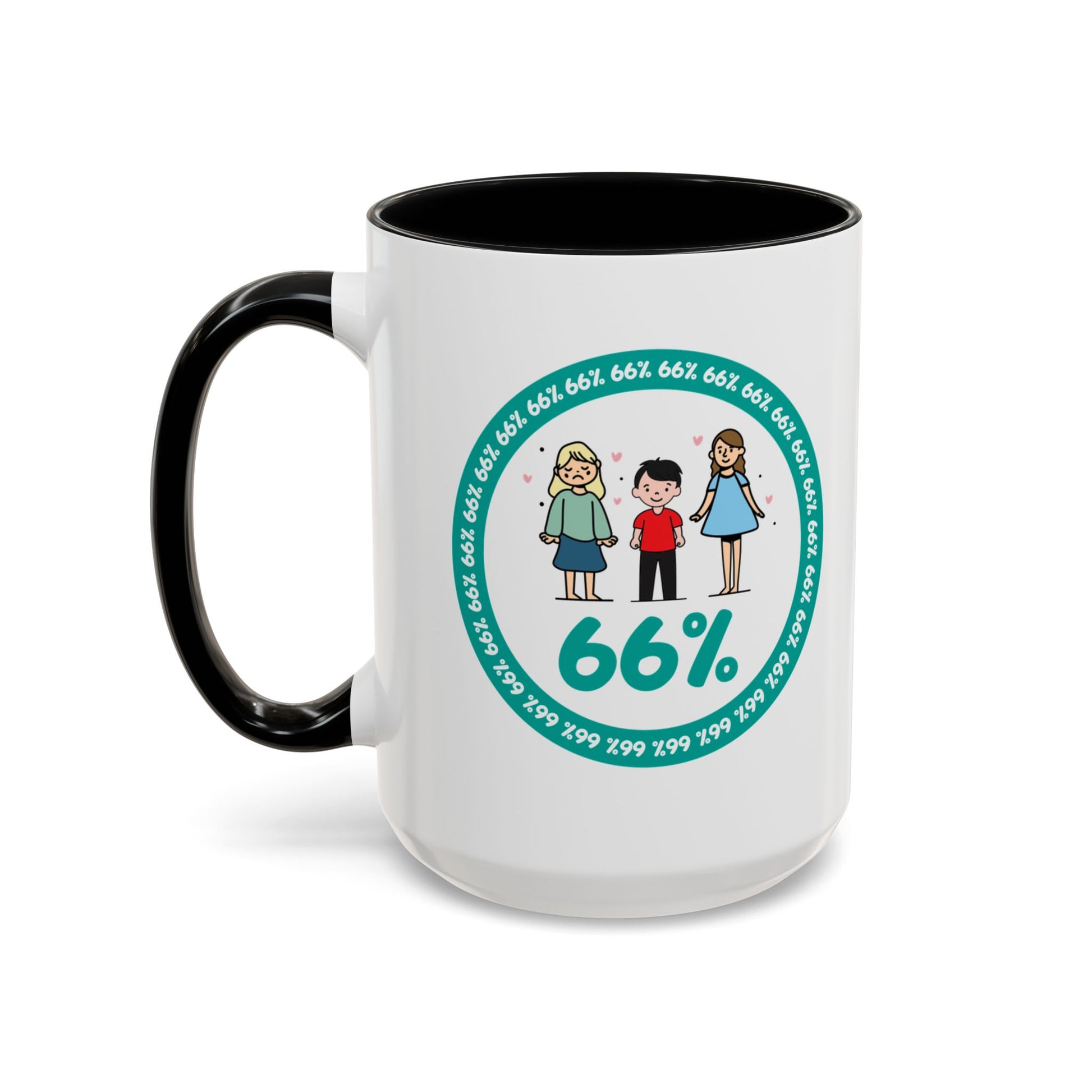 White mug with black handle showing a graphic: a teal circle of repeating ‘66%’ text, three cartoon kids inside the circle, and a prominent ‘66%’ at the bottom.