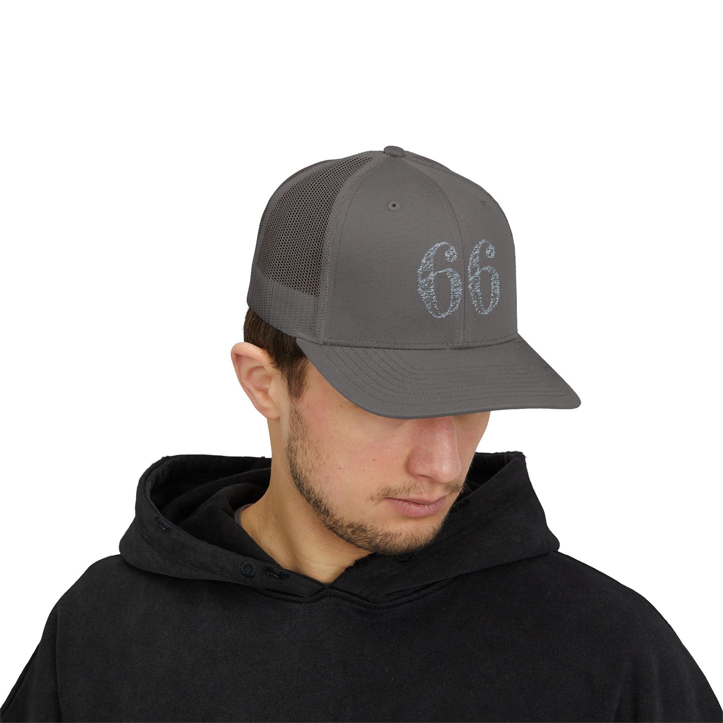 Mesh-back trucker hat with distressed ‘66’ printed on the front panel