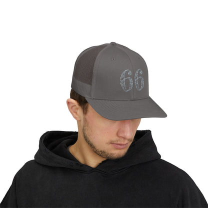 Mesh-back trucker hat with distressed ‘66’ printed on the front panel
