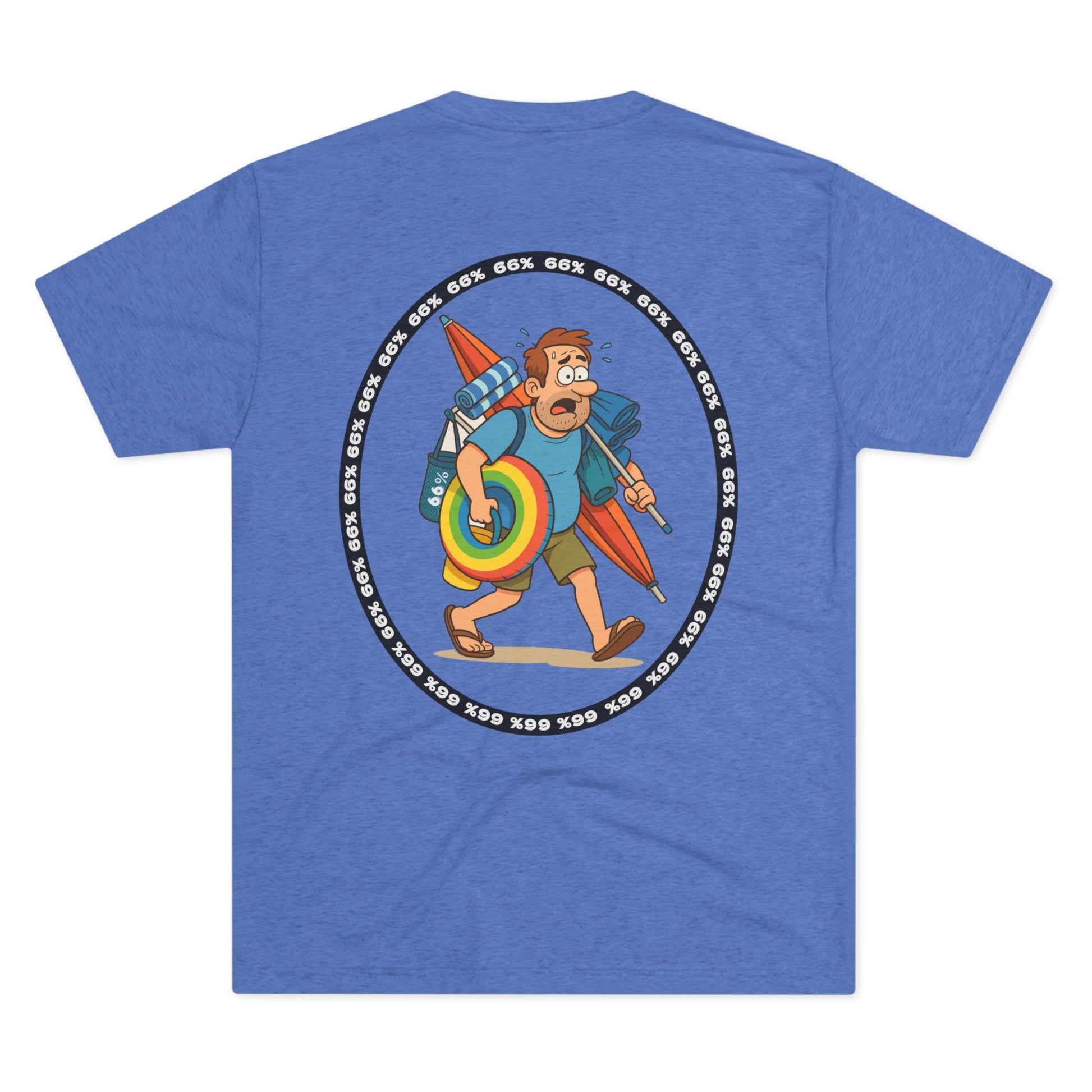 Retro 66% Charged Beach Dad Tri-Blend Tee (back view), featuring a humorous cartoon dad carrying beach gear enclosed in a bold circular ‘66%’ frame