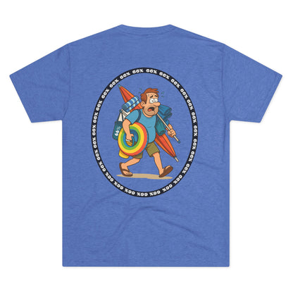 Retro 66% Charged Beach Dad Tri-Blend Tee (back view), featuring a humorous cartoon dad carrying beach gear enclosed in a bold circular ‘66%’ frame
