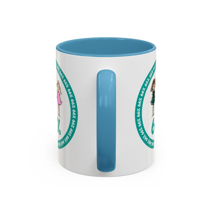 White 66% coffee mug with black handle, featuring three cute daughter illustrations in teal and pink—perfect gift for parents of three kids