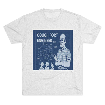 Couch Fort Engineer T-Shirt —Blueprint-style schematic of a couch fort with labeled pillows and blanket, plus a hard-hat dad holding plans.