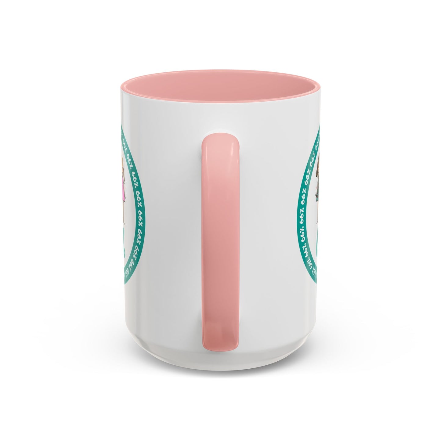 White 66% coffee mug with black handle, featuring three cute daughter illustrations in teal and pink—perfect gift for parents of three kids