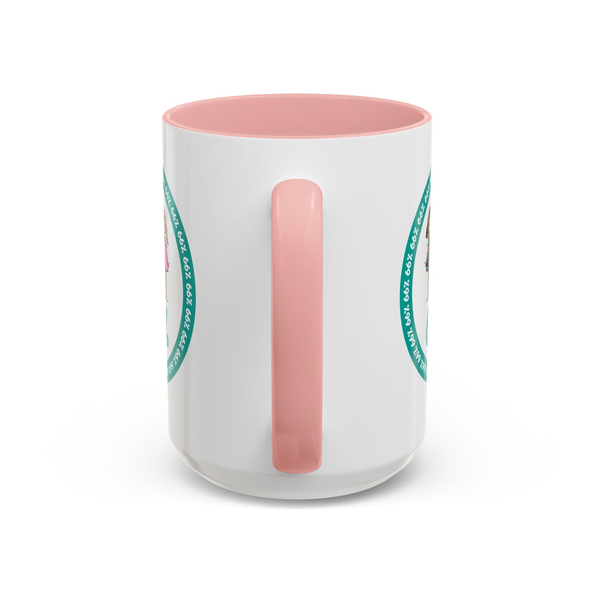 White 66% coffee mug with black handle, featuring three cute daughter illustrations in teal and pink—perfect gift for parents of three kids