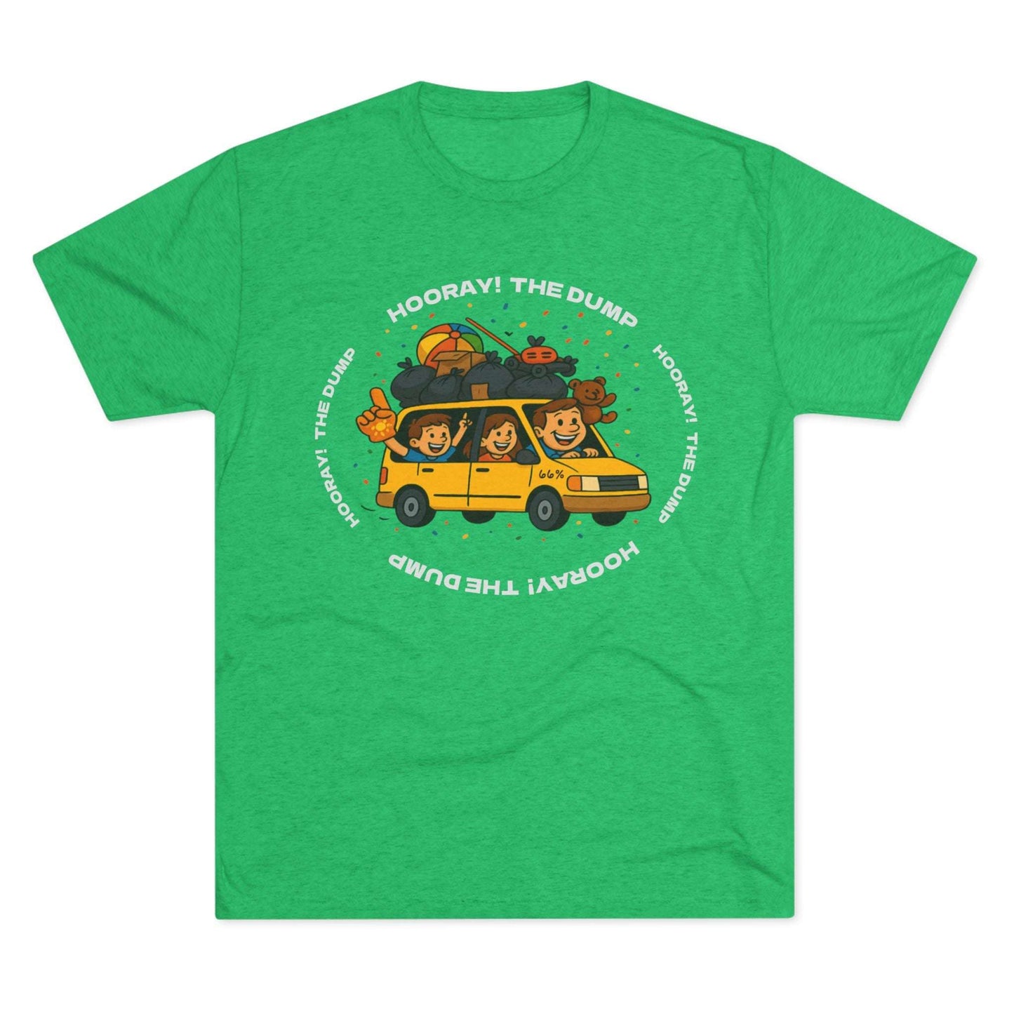 Cartoon yellow “66%” minivan T-shirt design with roof piled high in trash bags, lawnmower and beach ball, plus a dad driving and two excited kids waving with confetti.