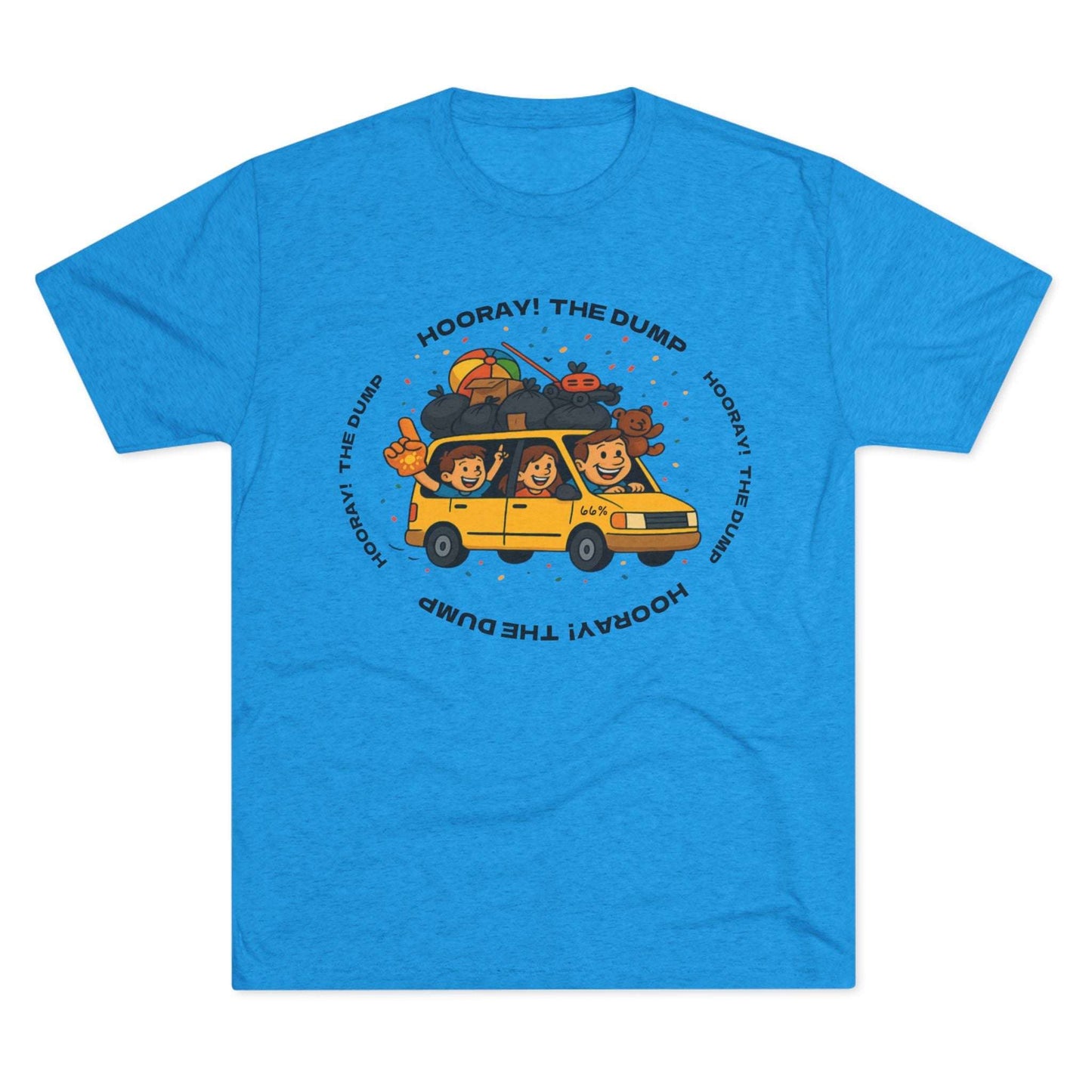 Cartoon yellow “66%” minivan T-shirt design with roof piled high in trash bags, lawnmower and beach ball, plus a dad driving and two excited kids waving with confetti.