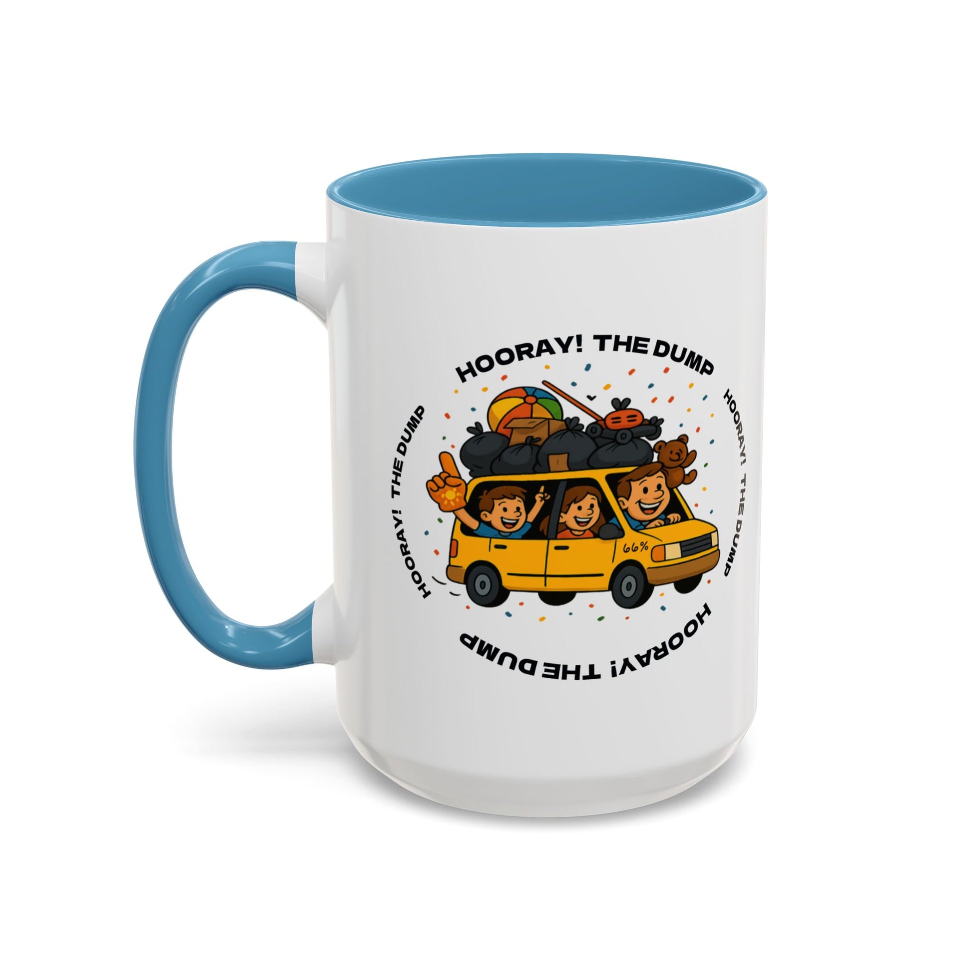Cartoon yellow “66%” minivan mug decal with roof piled high in trash bags, lawnmower and beach ball, plus a smiling dad and two waving daughters amid confetti.