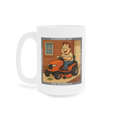 Graphic mug depicting a happy dad mowing the lawn on a ride-on tractor beside a brick wall and front door, encircled by the phrase ‘Overboard Dad’ in a repeating border.