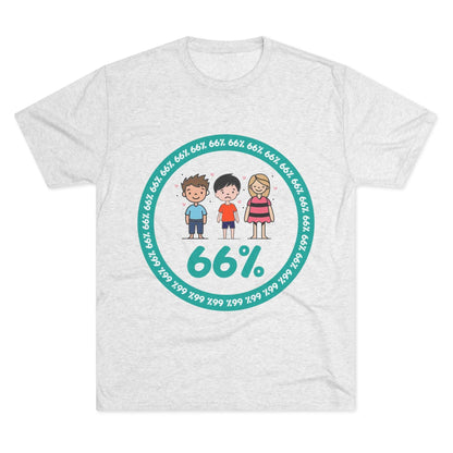Flat-lay of tri-blend tee with two cartoon boys and one girl inside a teal 66% circle and repeating 66% border