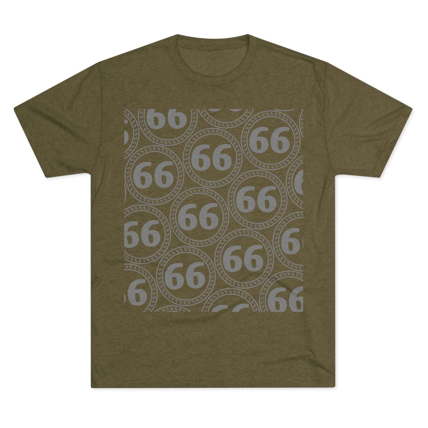 Retro 66% Pattern Tee— tri-blend graphic t-shirt flat-lay, repeating 66 circle pattern, casual vintage style.