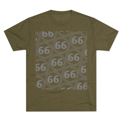 Retro 66% Pattern Tee— tri-blend graphic t-shirt flat-lay, repeating 66 circle pattern, casual vintage style.