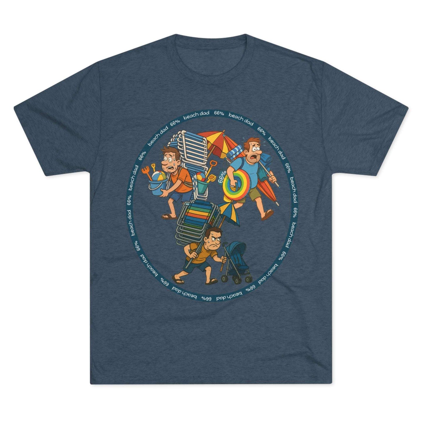 Cartoon dad overloaded with beach gear in three chaotic poses, “Beach Dad 66%” design on bright blue tri-blend tee – funny parenting shirt by 66 Percent