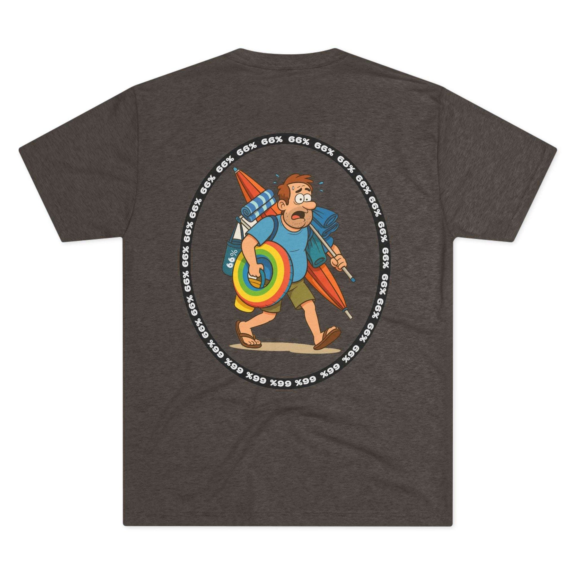 Retro 66% Charged Beach Dad Tri-Blend Tee (back view), featuring a humorous cartoon dad carrying beach gear enclosed in a bold circular ‘66%’ frame