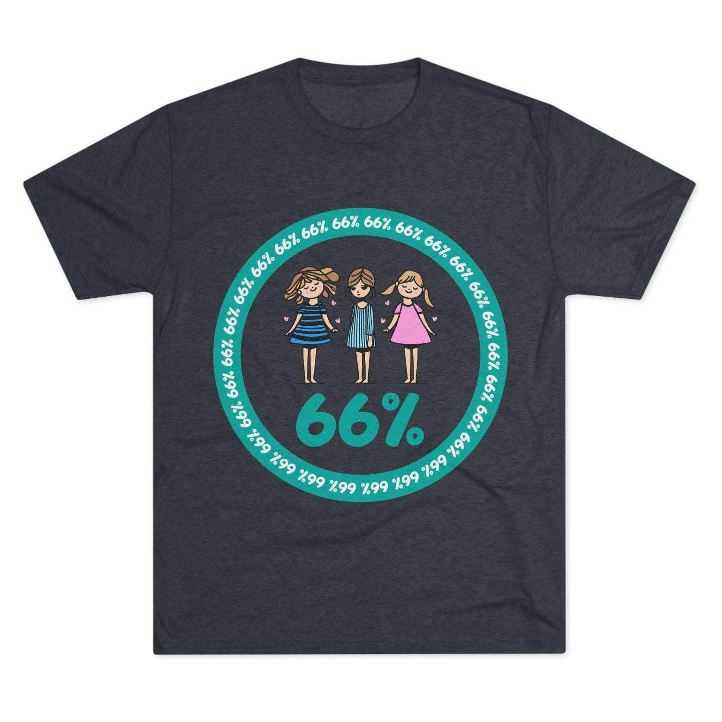Flat-lay of tri-blend tee with three cartoon girls inside a teal 66% circle and repeating 66% border