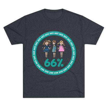 Flat-lay of tri-blend tee with three cartoon girls inside a teal 66% circle and repeating 66% border