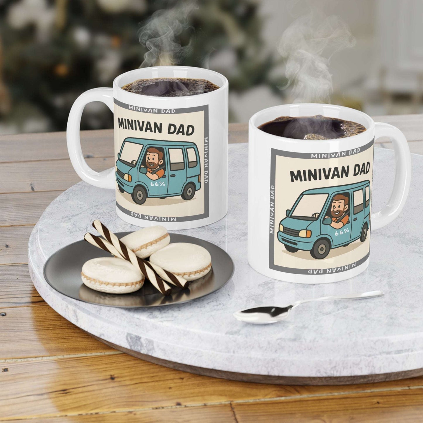 Novelty Minivan Dad coffee mug: white ceramic cup printed with a cheerful father behind the wheel of his minivan and repeating ‘Minivan Dad’ border text.