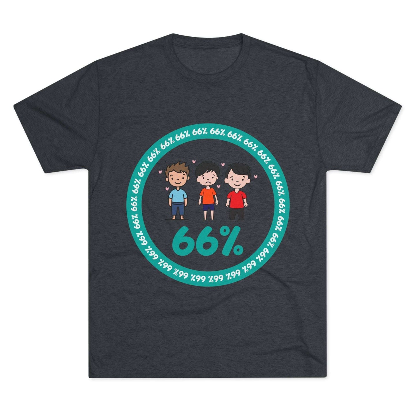 Flat-lay of tri-blend tee with three cartoon boys inside a teal 66% circle and repeating 66% border
