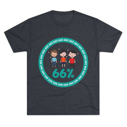 Flat-lay of tri-blend tee with three cartoon boys inside a teal 66% circle and repeating 66% border