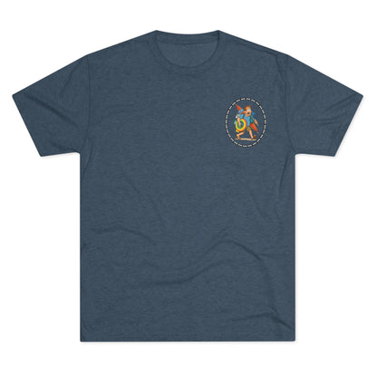 Tri-blend tee featuring large central circular graphic of overwhelmed ‘Beach Dad’ loaded down with chairs, umbrella, floatie and towels, with ‘66% beach dad’ ring