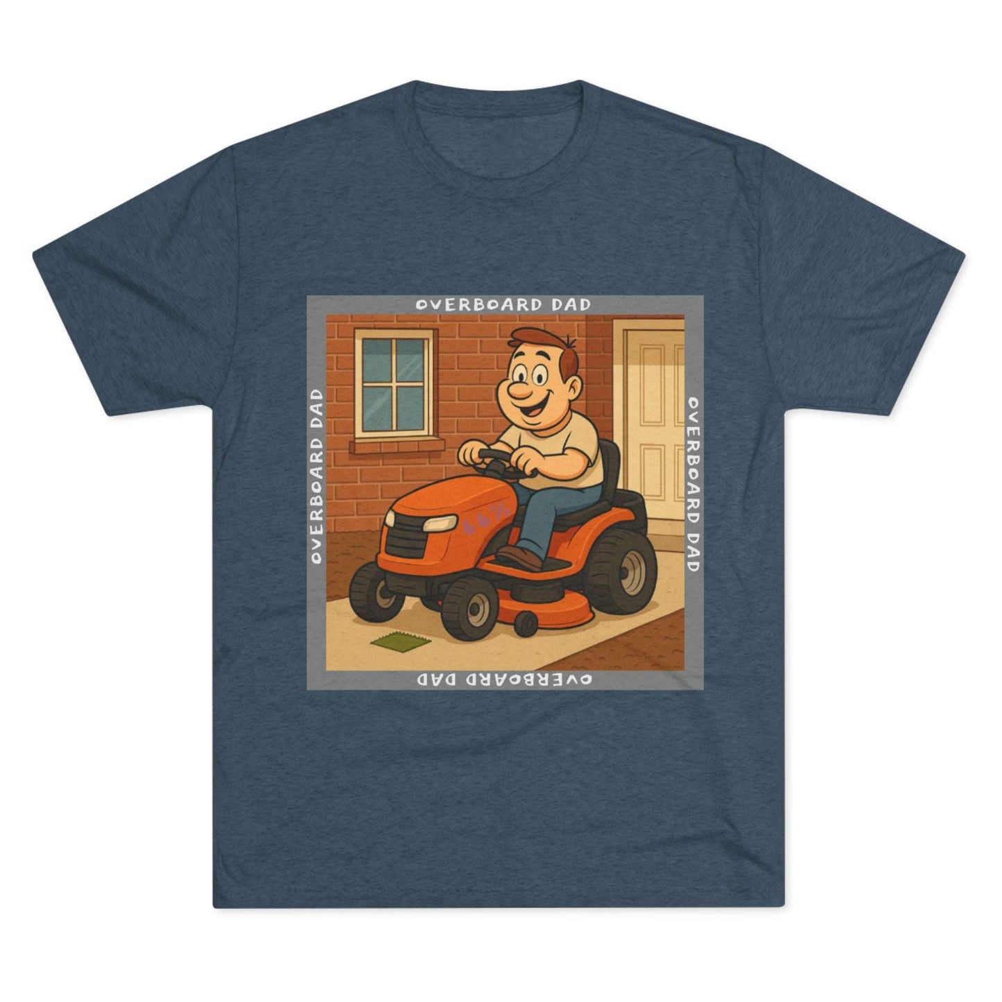 Overboard Dad Mower 66% Tri-Blend Tee — graphic tee, flat-lay with cartoon dad on ride-on mower, gray ‘OVERBOARD DAD’ square border, 66% decal, casual vintage style.