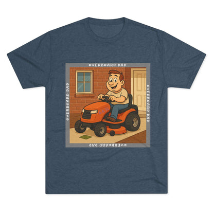 Overboard Dad Mower 66% Tri-Blend Tee — graphic tee, flat-lay with cartoon dad on ride-on mower, gray ‘OVERBOARD DAD’ square border, 66% decal, casual vintage style.