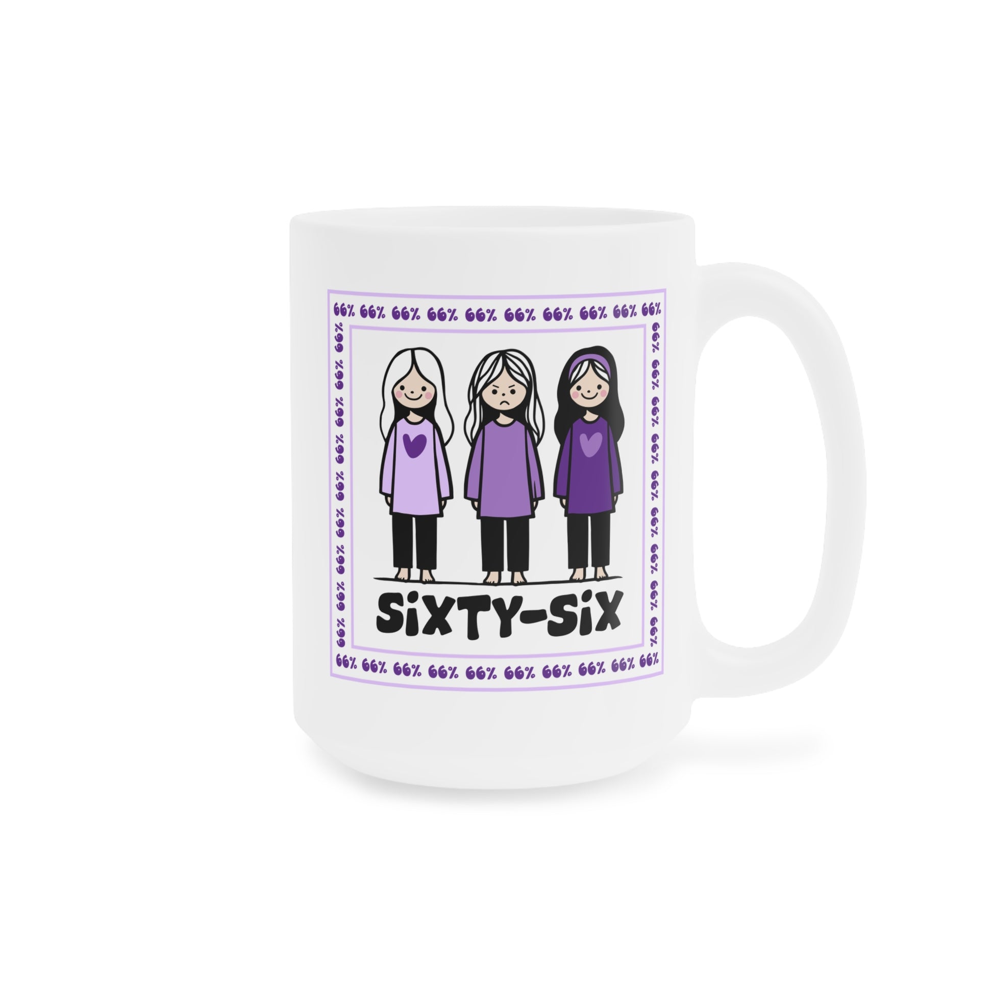 Coffee mug printed with a purple-bordered illustration: three girls in matching purple tops (one looking unhappy), encircled by ‘66%’ text, and the caption ‘SIXTY-SIX’ underneath.