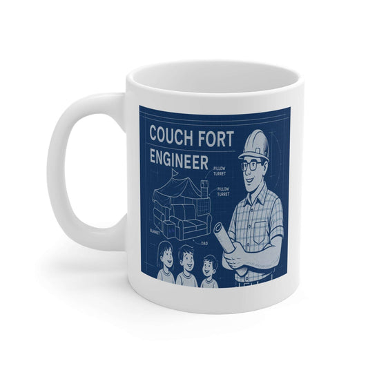 Blueprint-themed mug design reading ‘Couch Fort Engineer,’ depicting a dad wearing safety glasses and hardhat holding a plan, alongside a cutaway diagram of a living-room couch fort and three happy kids.