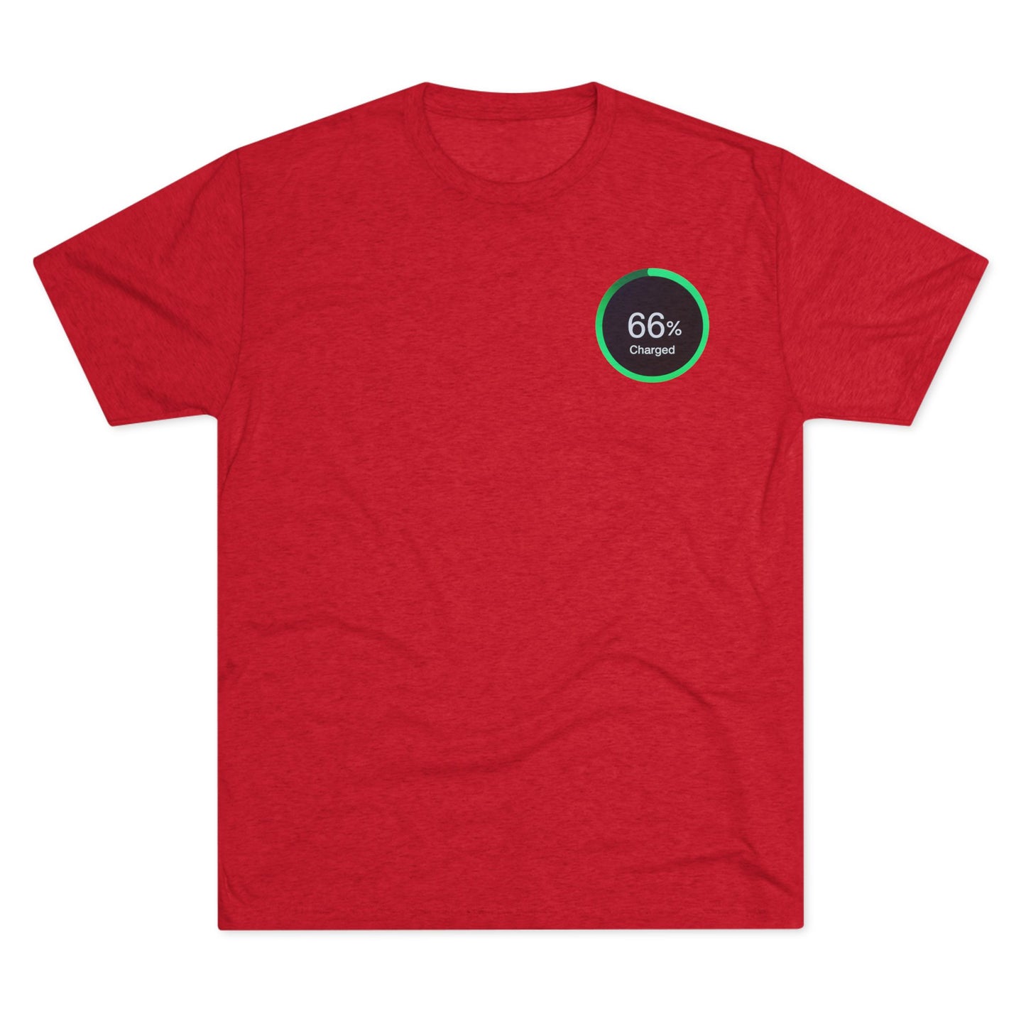 Retro 66% Charged Tri-Blend Tee, showing a vibrant green circular battery gauge reading “66% Charged” 
