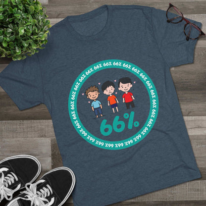 Flat-lay of tri-blend tee with three cartoon boys inside a teal 66% circle and repeating 66% border