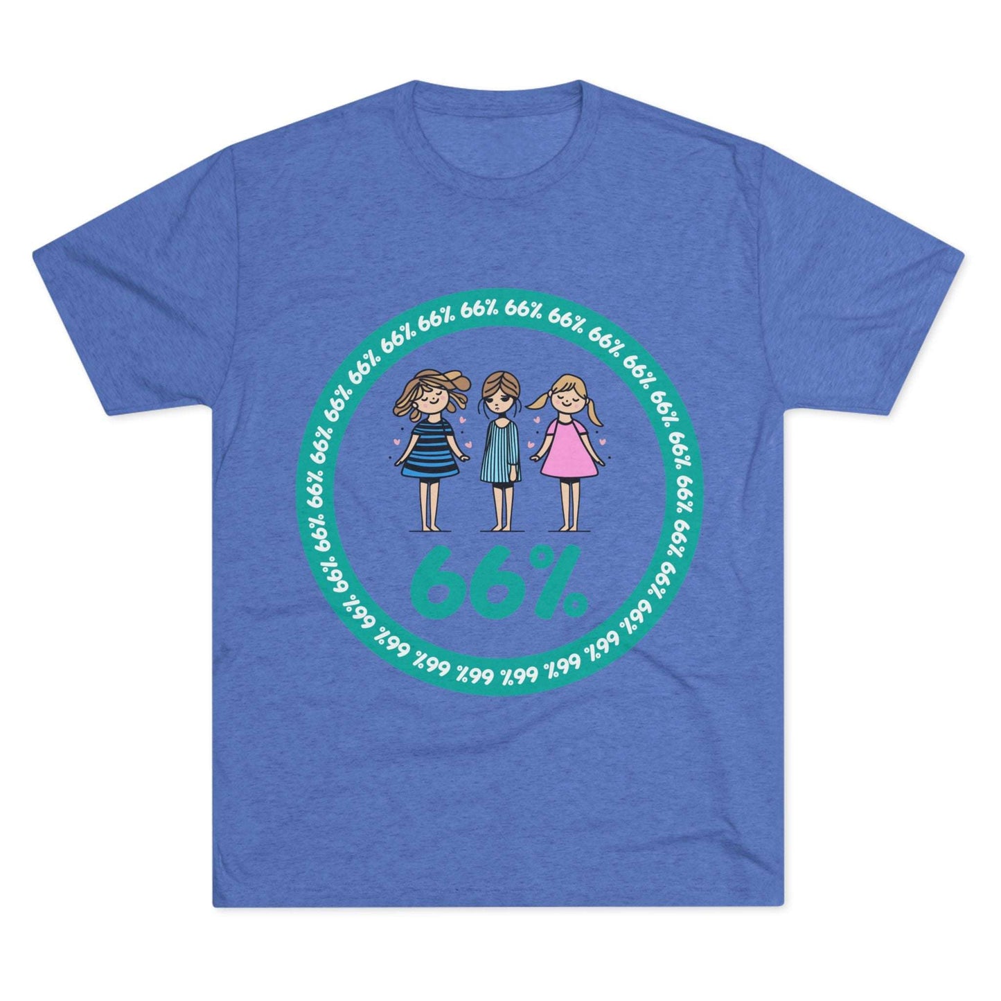 Flat-lay of tri-blend tee with three cartoon girls inside a teal 66% circle and repeating 66% border