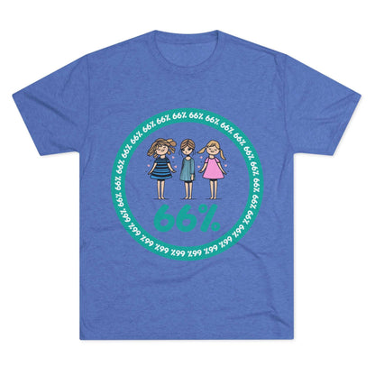 Flat-lay of tri-blend tee with three cartoon girls inside a teal 66% circle and repeating 66% border