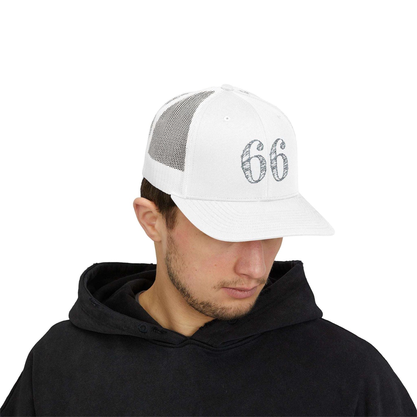Mesh-back trucker hat with distressed ‘66’ printed on the front panel.
