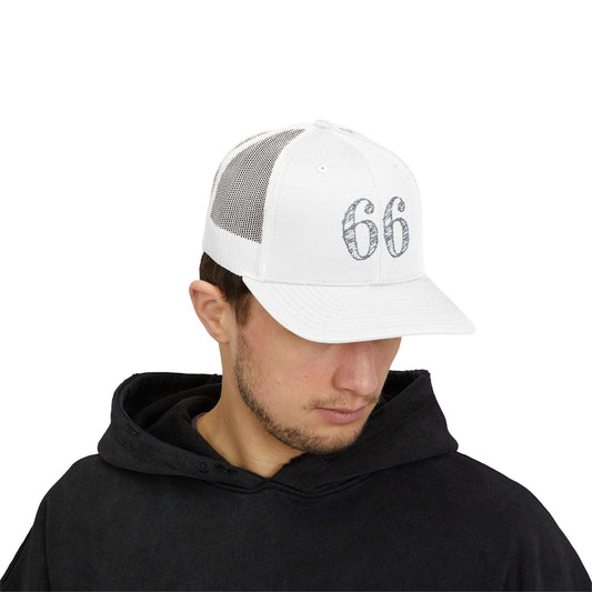 Mesh-back trucker hat with distressed ‘66’ printed on the front panel.