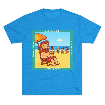 Beach Dad drinking beer on the sand with kids playing – 66% Tri-Blend Tee